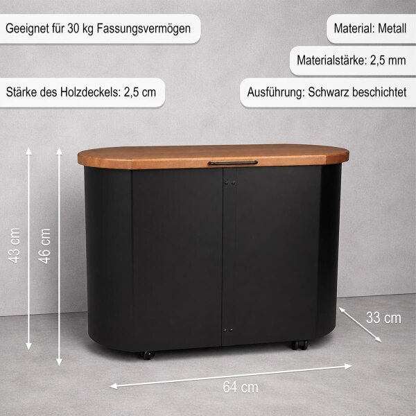 Pellettruhe schwarz mit Holzdeckel & Rollen - 30kg Pelletbox Metall Pelletbehälter 64x46x33cm