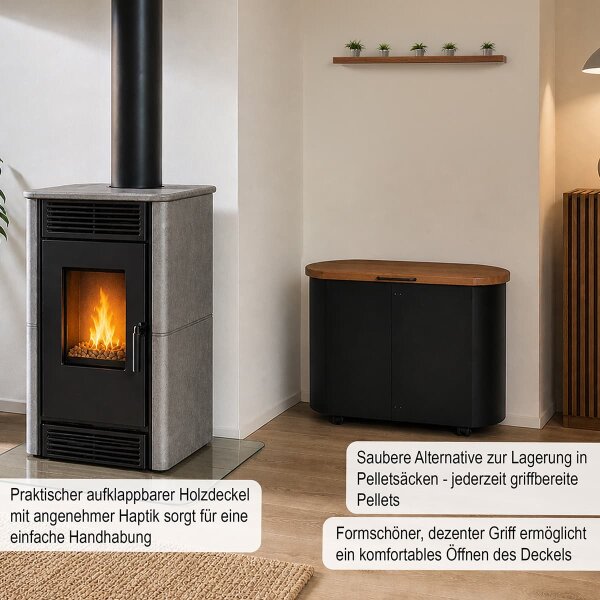 Pellettruhe schwarz mit Holzdeckel & Rollen - 30kg Pelletbox Metall Pelletbehälter 64x46x33cm