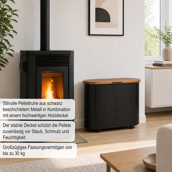Pellettruhe schwarz mit Holzdeckel & Rollen - 30kg Pelletbox Metall Pelletbehälter 64x46x33cm