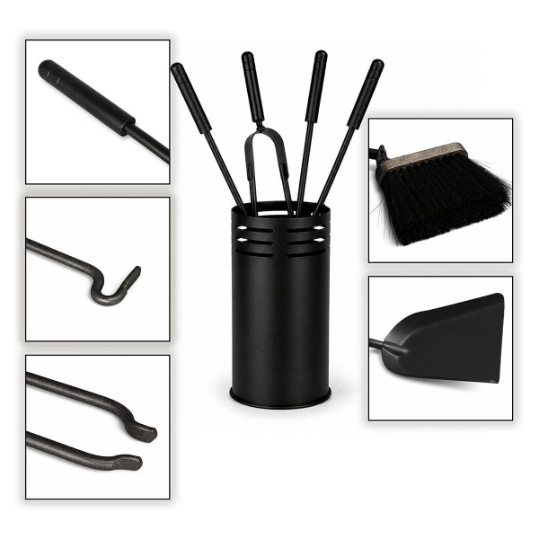 Kaminbesteck Schwarz pulverbeschichtet 5-teilig - Kamingarnitur Kaminset Industrial Style - Ofenbesteck