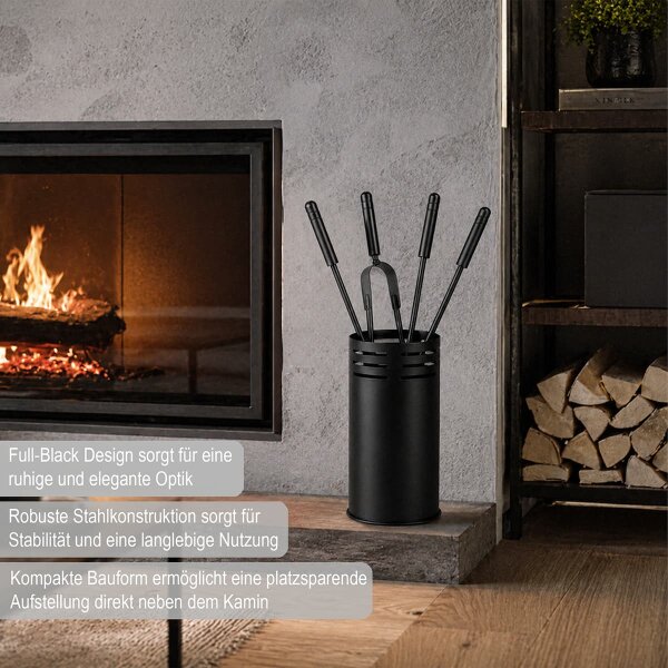 Kaminbesteck Schwarz pulverbeschichtet 5-teilig - Kamingarnitur Kaminset Industrial Style - Ofenbesteck