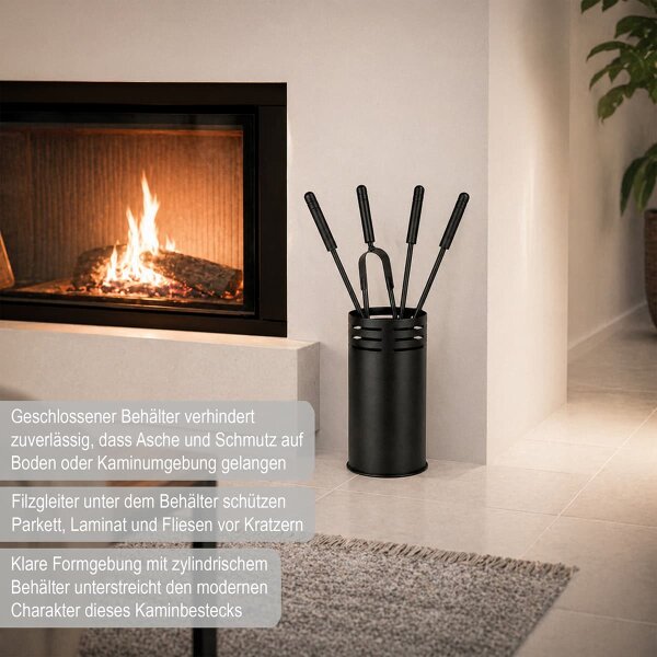 Kaminbesteck Schwarz pulverbeschichtet 5-teilig - Kamingarnitur Kaminset Industrial Style - Ofenbesteck