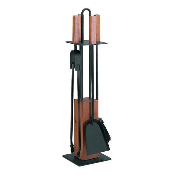 Elegantes Kaminbesteck schwarz Stahl mit Eiche Holzgriff - 5-teilig Ofenbesteck Set Kamingarnitur
