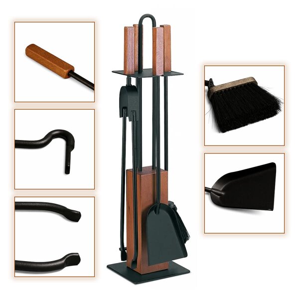 Elegantes Kaminbesteck schwarz Stahl mit Eiche Holzgriff - 5-teilig Ofenbesteck Set Kamingarnitur