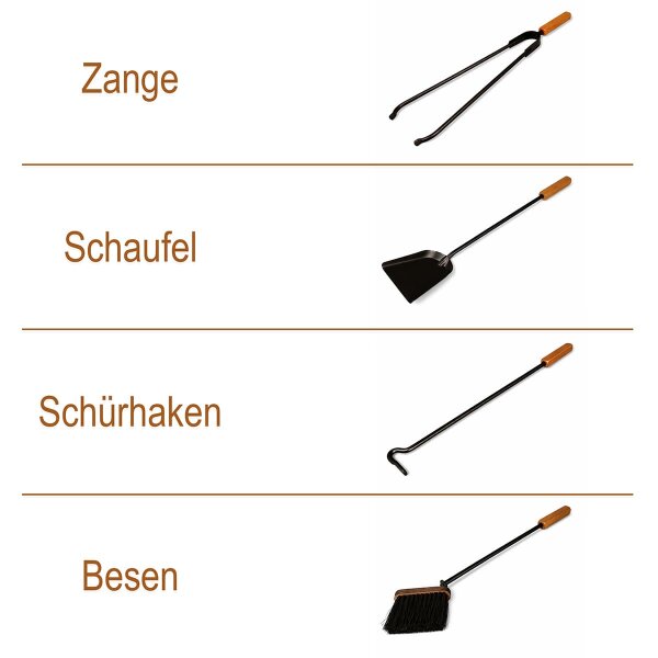 Elegantes Kaminbesteck schwarz Stahl mit Eiche Holzgriff - 5-teilig Ofenbesteck Set Kamingarnitur