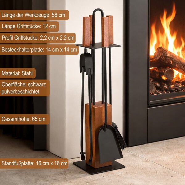 Elegantes Kaminbesteck schwarz Stahl mit Eiche Holzgriff - 5-teilig Ofenbesteck Set Kamingarnitur