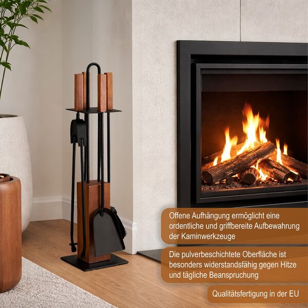 Elegantes Kaminbesteck schwarz Stahl mit Eiche Holzgriff - 5-teilig Ofenbesteck Set Kamingarnitur