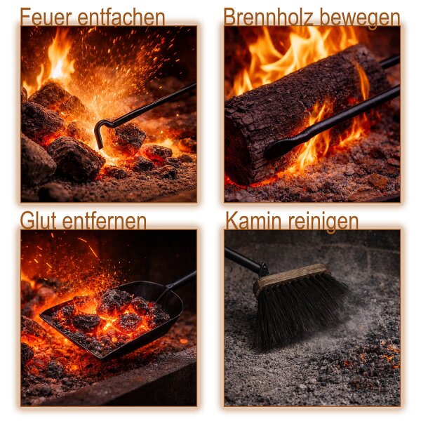 Elegantes Kaminbesteck schwarz Stahl mit Eiche Holzgriff - 5-teilig Ofenbesteck Set Kamingarnitur