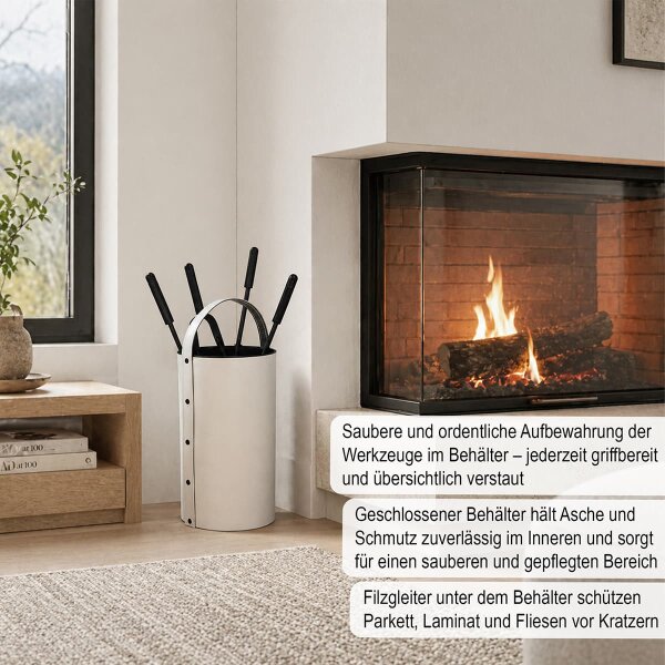 Kaminbesteck Leder Weiß 5-teilig - Kamingarnitur Ofenbesteck geschlossener Behälter - stilvolles Kaminset
