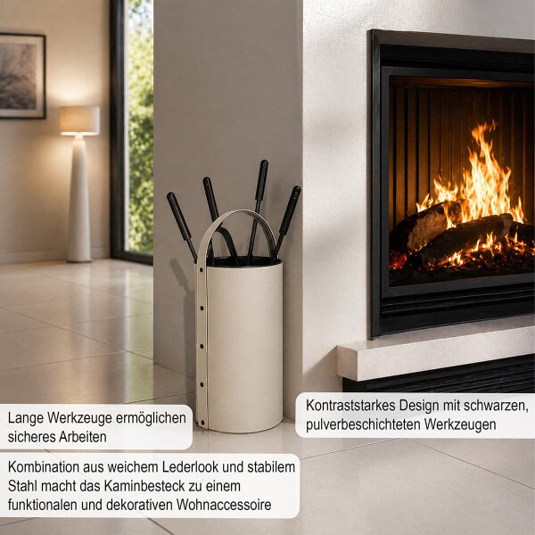 Kaminbesteck Leder Weiß 5-teilig - Kamingarnitur Ofenbesteck geschlossener Behälter - stilvolles Kaminset