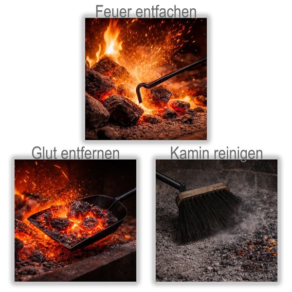Exklusives Kaminbesteck 4-teilig Anthrazit - Kamingarnitur Griffe und Einfassung Edelstahl - Kaminset