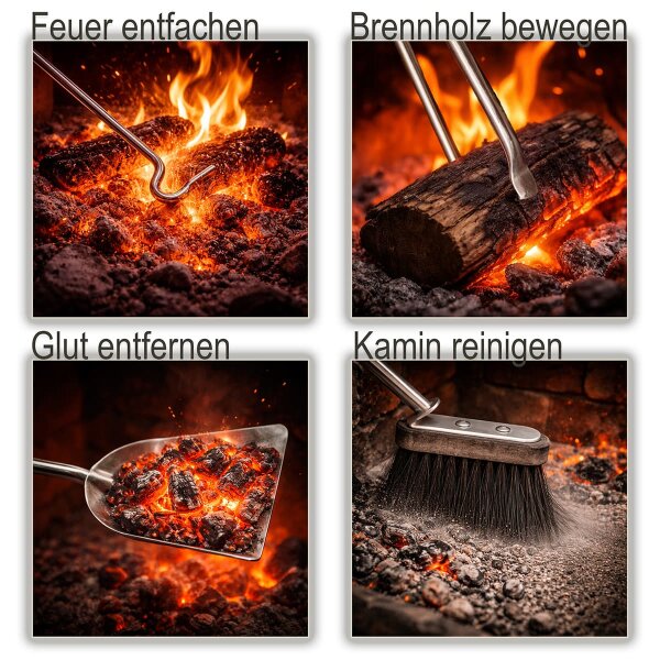 Hochwertiges 5-teiliges Kaminbesteck Edelstahl matt gebürstet - Kamingarnitur Ofenbesteck robust