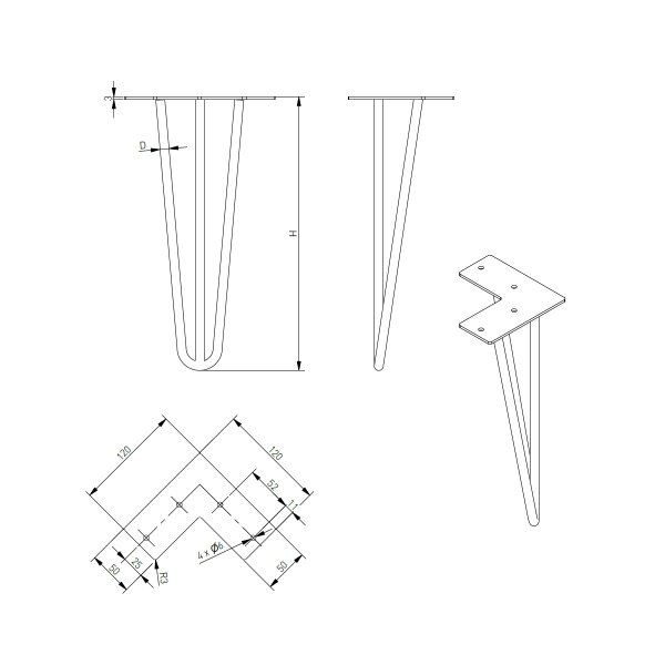 Hairpin Legs Industrialstyle Tischbeine Haarnadelbeine Hairpins 3 Streben Schwarz matt Einzelnes Tischbein 10mm 406mm