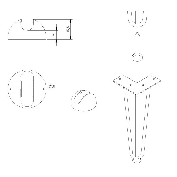 Hairpin Legs Industrialstyle Tischbeine Haarnadelbeine Hairpins 3 Streben Schwarz matt Einzelnes Tischbein 12mm 406mm