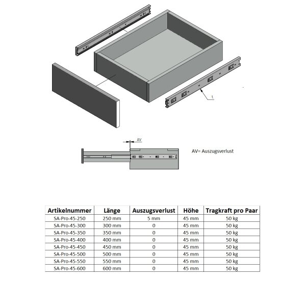 Schubladenauszug Schwerlastauszug 300mm bis 50 Kilo pro Paar