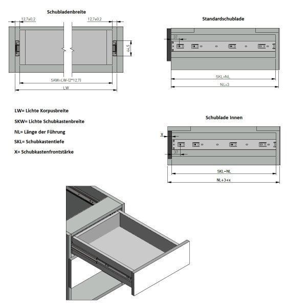 Schubladenauszug Schwerlastauszug 600mm bis 50 Kilo pro Paar