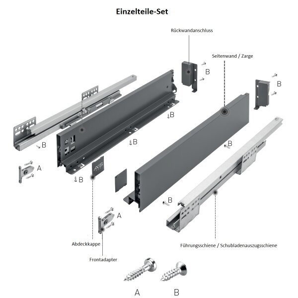 Schubkastensystem 550mm - 86mm mit SoftClose Funktion 40 kg Traglast Anthrazit Schubladensystem