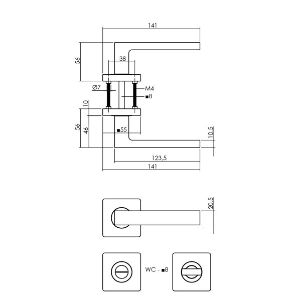 Intersteel Türdrücker Hera auf Rosette 55x55x10 mm mit Bad/WC 8 mm Stift Messing Titan PVD