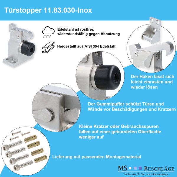 Echt Edelstahl Türstopper Türfeststeller mit Haken Türpuffer Türhalter massiv Bodentürstopper