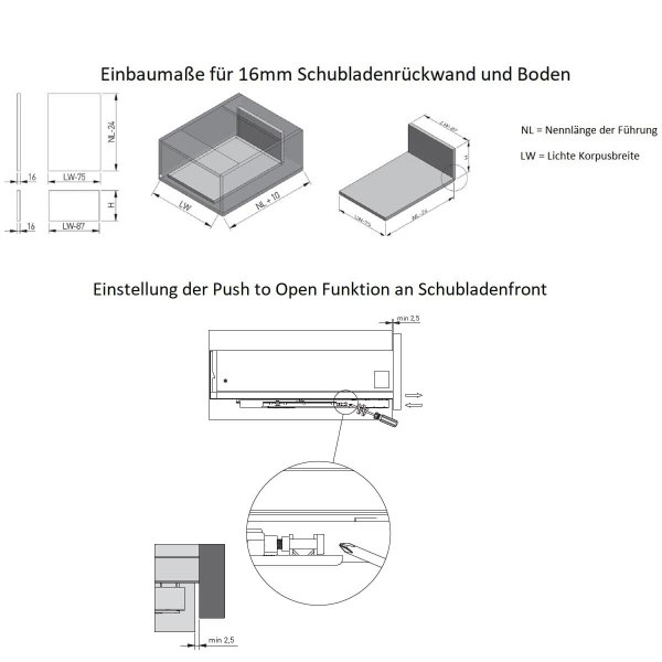 Schubladensystem 40kg Traglast Vollauszug Schubkastensystem Push to Open Schubladen-Set 400mm 168mm