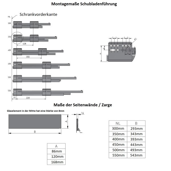 Glaszargen Schubladensystem Schubladen-Set Anthrazit Soft Close Schubladenauszug Vollauszug 300mm 120mm