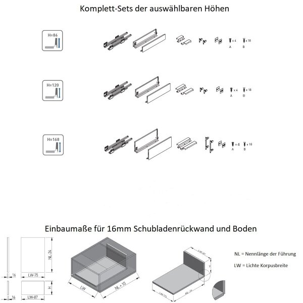 Glaszargen Schubladensystem Schubladen-Set Anthrazit Soft Close Schubladenauszug Vollauszug 550mm 168mm