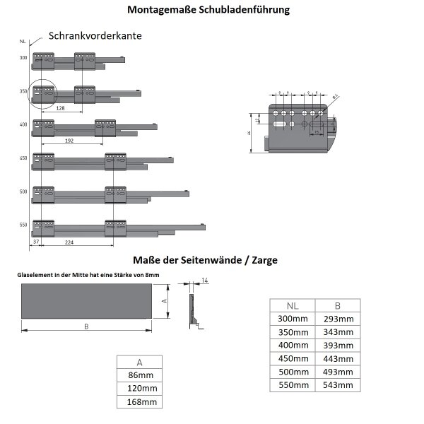 Glaszargen Schubladensystem Schubladen-Set Anthrazit Soft Close Schubladenauszug Vollauszug 550mm 168mm