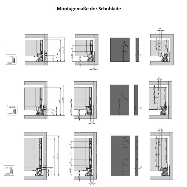 Glaszargen Schubladensystem Schubladen-Set Anthrazit Soft Close Schubladenauszug Vollauszug 550mm 168mm