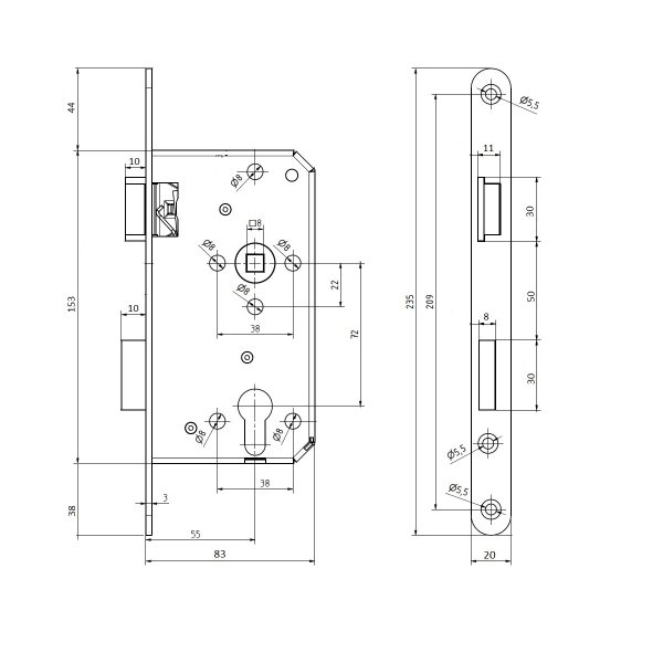 Einsteckschloss Türschloss Stulp 235x20mm Dornmaß 55mm Falzschloss gerundet Profilzylinder rechts