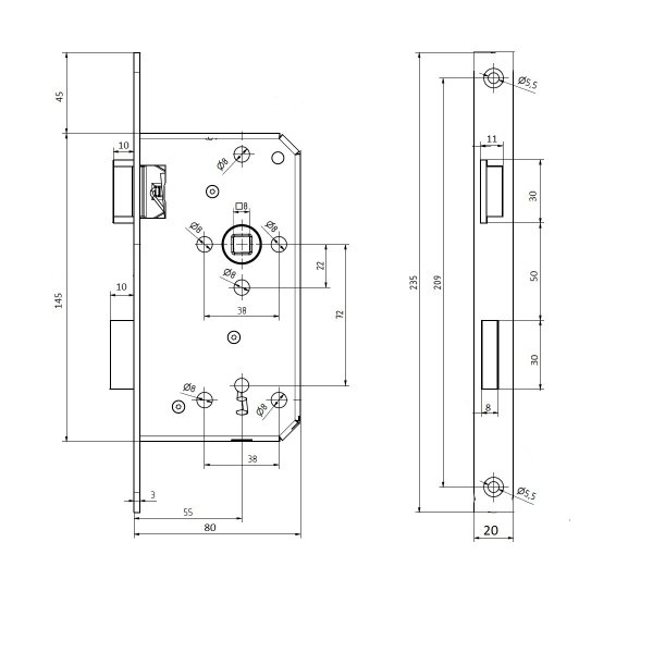 Stulp kantig 235x20mm Türschloss Metall-Einsteckschloss Dornmaß 55mm Einstemmschloss Buntbart links
