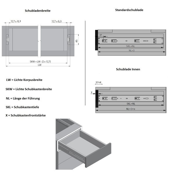 Paar Schubkastenschienen Soft Close Schubladenauszug Schwarz 45mm Höhe Vollauszugsführung 250mm