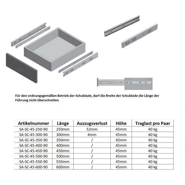 Paar Schubkastenschienen Soft Close Schubladenauszug Schwarz 45mm Höhe Vollauszugsführung 300mm