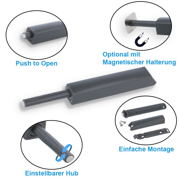 Push to Open Türanschlagsdämpfer Druckschnäpper Möbeltürschnäpper Anthrazit lang Magnetspitze