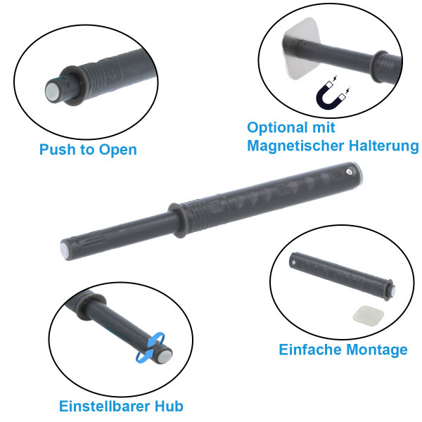 Einbohr-Druckschnäpper Tip On Drucktüröffner Türdämpfer Möbelschnäpper Grau lang Magnetspitze