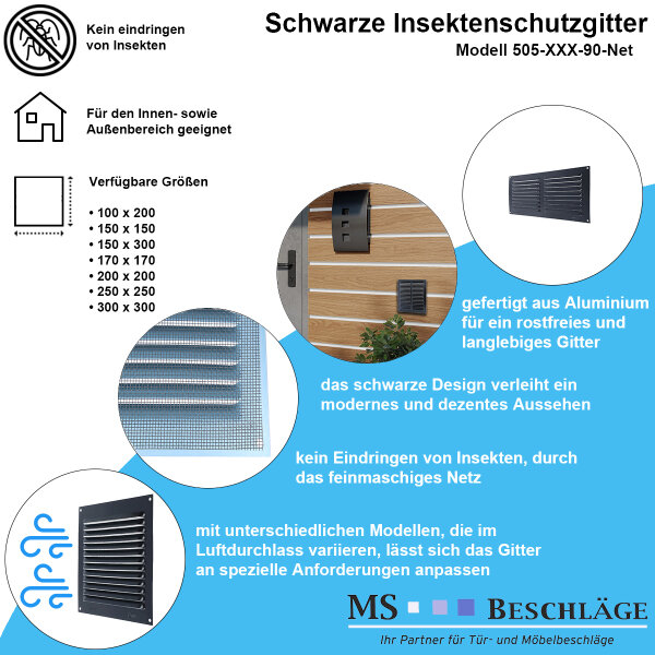 Aluminium Insektenschutzgitter Schwarz Lüftungsgitter Moskitonetz Be- Entlüftungsgitter 170x170mm