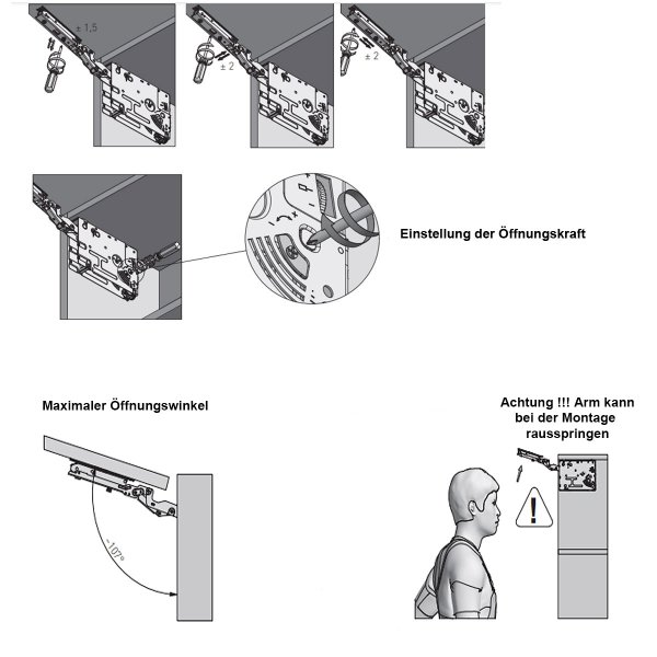Klappenbeschlag grifflos Hochklappenbeschlag Push to Open Klappenstütze Möbelfronthalter Anthrazit 1100-2250