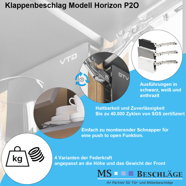 Klappenbeschlag grifflos Hochklappenbeschlag Push to Open Klappenstütze Möbelfronthalter Anthrazit 1100-2250