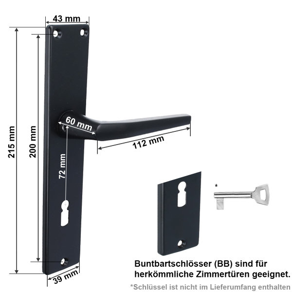 Langschildgarnitur Schwarz Türbeschlag Türdrücker Drückergarnitur Mod. Kall Schildgarnitur Buntbart