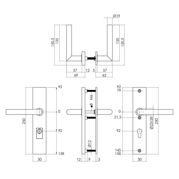 Intersteel SKG3 Sicherheitsbeschlag rechteckig 250x50mm beidseitig Drücker Jura mit Federmechanismus Profilzylinder Lochung 92mm mit Kernziehschutz edelstahl vibriert