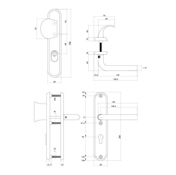Intersteel SKG3 Sicherheitsbeschlag oval 250x50mm Griff/Drücker Luzern mit Federmechanismus Profilzylinder Lochung 92mm mit Kernziehschutz edelstahl vibriert