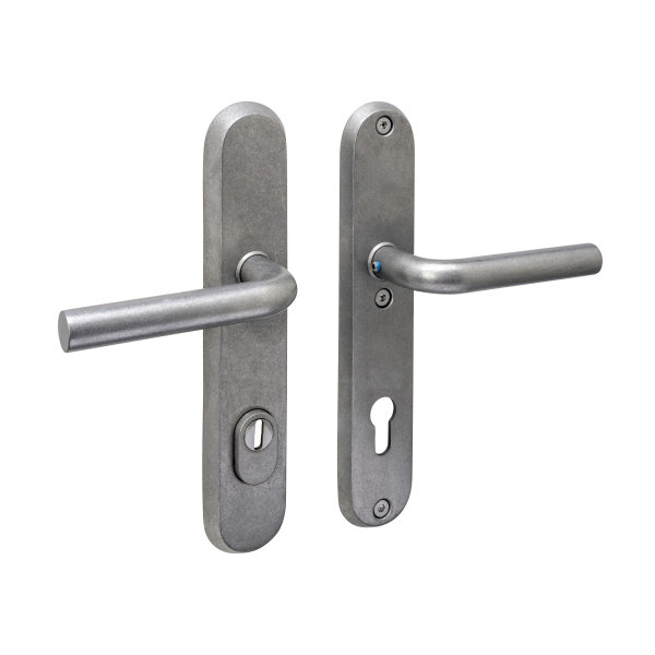 Intersteel SKG3 Sicherheitsbeschlag oval 250x50mm beidseitig Drücker Luzern mit Federmechanismus Profilzylinder Lochung 92mm mit Kernziehschutz edelstahl vibriert