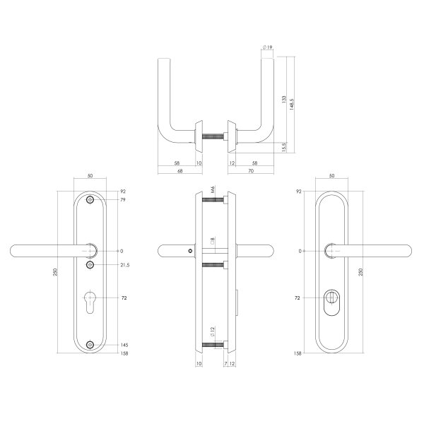 Intersteel SKG3 Sicherheitsbeschlag oval 250x50mm beidseitig Drücker Luzern mit Federmechanismus Profilzylinder Lochung 72mm mit Kernziehschutz edelstahl vibriert