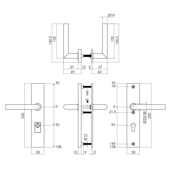 Intersteel SKG3 Sicherheitsbeschlag rechteckig 250x50mm beidseitig Drücker Jura mit Federmechanismus Profilzylinder Lochung 92mm mit Kernziehschutz PVD messingfarbig