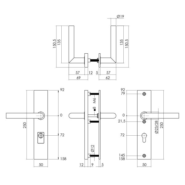Intersteel SKG3 Sicherheitsbeschlag rechteckig 250x50mm beidseitig Drücker Jura mit Federmechanismus Profilzylinder Lochung 72mm mit Kernziehschutz PVD messing vibriert