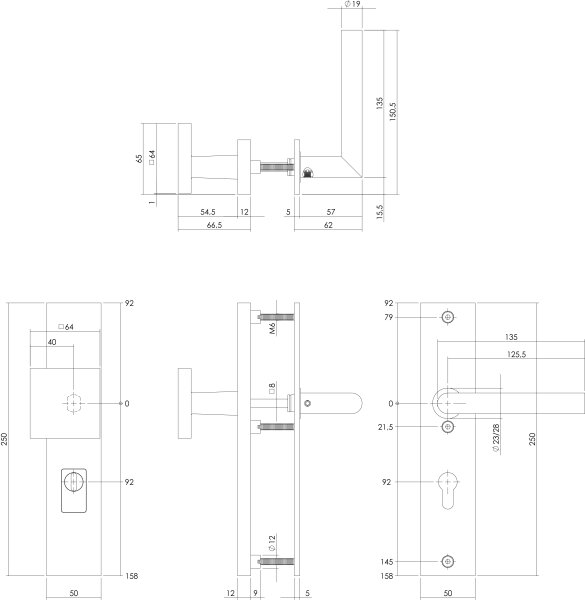 Intersteel SKG3 Sicherheitsbeschlag rechteckig 250x50mm Griff/Drücker Jura Profilzylinder Lochung 92mm mit Kernziehschutz PVD messing vibriert