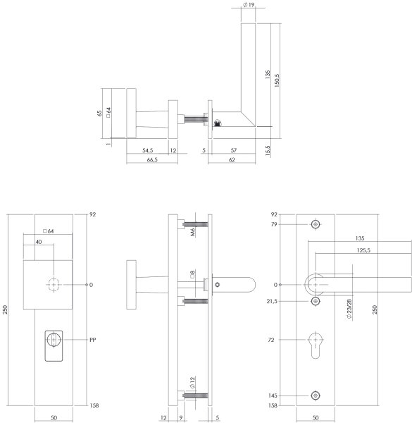 Intersteel SKG3 Sicherheitsbeschlag rechteckig 250x50mm Griff/Drücker Jura Profilzylinder Lochung 72mm mit Kernziehschutz PVD messing vibriert