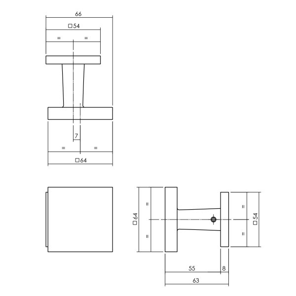 Intersteel Haustürknopf eckig 64x64mm auf Hinterplatte 54x54mm versetzt einseitiger Befestigung PVD messing vibriert