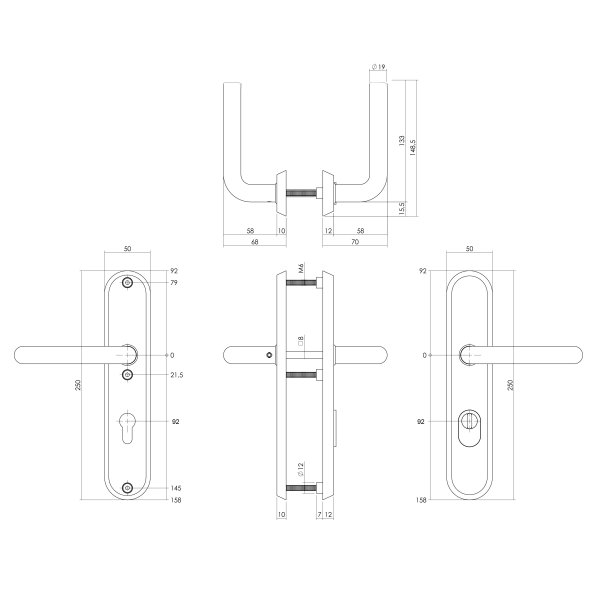 Intersteel SKG3 Sicherheitsbeschlag oval 250x50mm beidseitig Drücker Luzern mit Federmechanismus Profilzylinder Lochung 92mm mit Kernziehschutz PVD messing vibriert