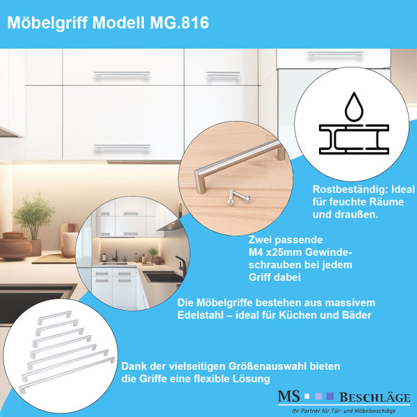 Schrankgriff Edelstahl matt gebürstet Ø 12mm runder Küchengriff rostfrei Design Griff 96mm
