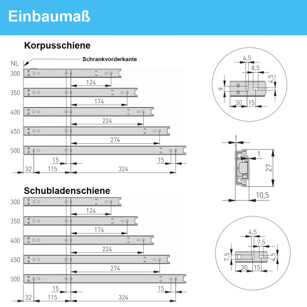 Set Schubladenschienen 27mm Höhe Teleskopauszug Teilauszug 15kg Traglast Kugelführung 350mm